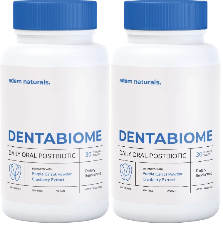 Two bottles of DentaBiome oral postbiotic chewable supplement