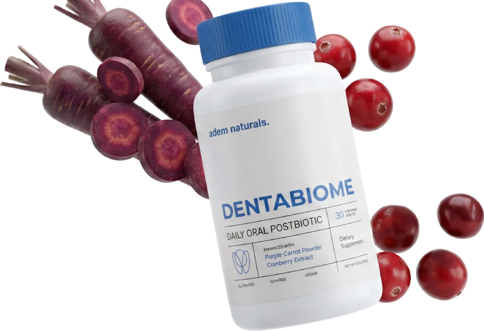 DentaBiome chewable tablets bottle with purple carrots and cranberries